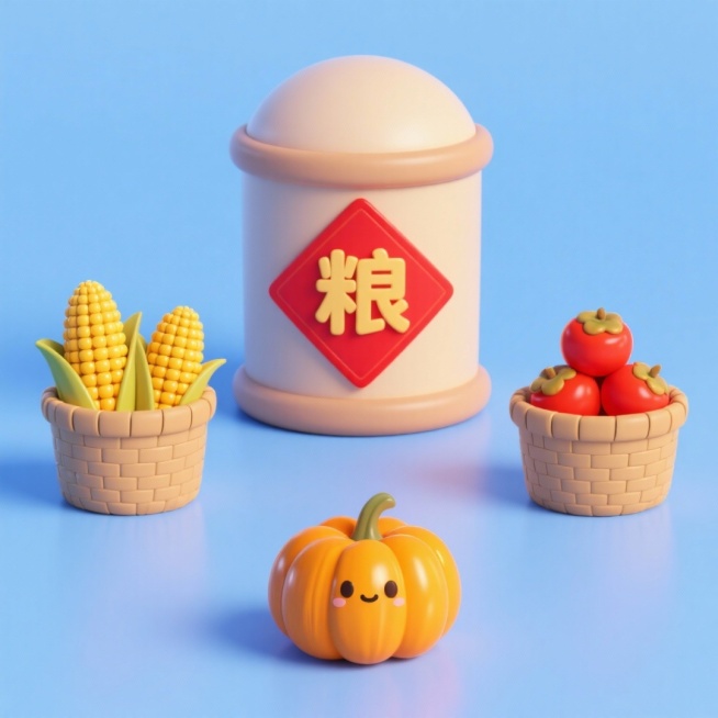 4个中秋素材组合，可爱电商促销感。素材包括：第一个粮仓（贴着带有 “粮” 字的红色菱形福字）；第二个一筐玉米；第三个一筐柿子；第四个南瓜。画面整体呈现鲜艳效果，淡蓝色背景。上下两行，排列整齐预览效果
