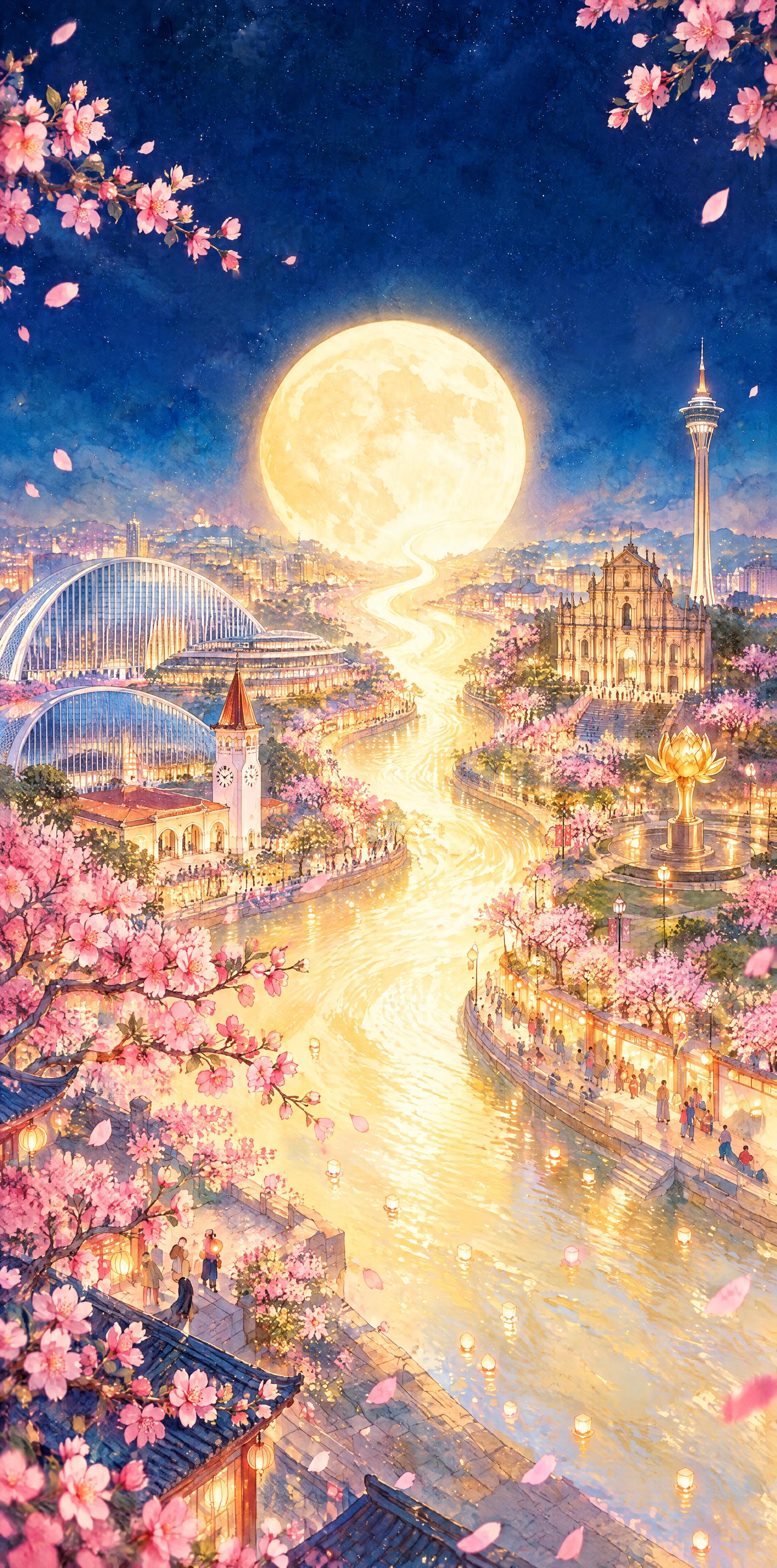 基于原图的整体构图、月夜星空、发光河流、俯视视角和水彩插画风格… - 图片创意预览