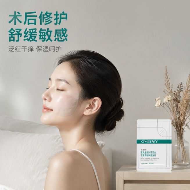 [主图-4] 使用场景优势展示；[氛围风格] 舒适生活氛围感，专业可信；[画质] 商业人像摄影，光线柔和自然，人物皮肤通透；[元素] 年轻女性侧脸，脸部放松，敷着本款修复贴，仅展示侧脸和肩部，人物皮肤预览效果