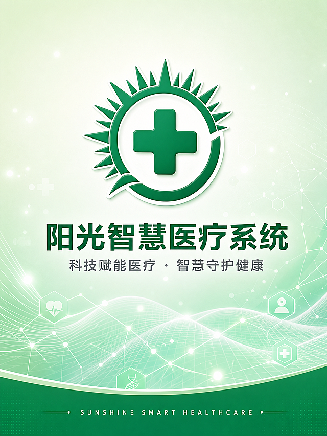 阳光智慧医疗系统宣传单封面，竖版3:4比例，医疗科技品牌主视觉风格。画面中央偏上位置放置绿色十字阳光形Logo（参考图中的标志），Logo下方是大标题"阳光智慧医疗系统"，字体为现代简洁无衬线粗体，深绿色。主标题下方是副标题"科技赋能医疗 · 智慧守护健康"，字号较小，灰色。背景为渐变浅绿色到白色，带有科技感的线条网格和微光粒子效果，营造智慧医疗氛围。底部有一条深绿色装饰条，上面写"SUNSHINE SMART HEALTHCARE"英文小字。整体风格专业、清新、科技感强，医疗健康主题，版式精美，四周留白充足。画面中所有信息区域必须填充完整合理的内容，不得出现空白框或占位区域。