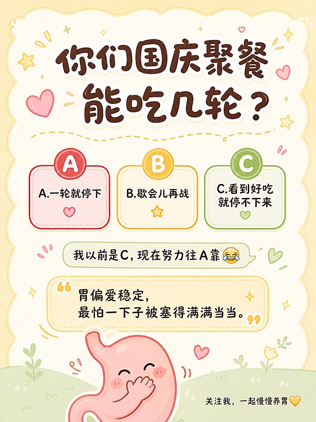 小红书图文笔记卡片，可爱软萌卡通科普风，3:4竖版，低饱和暖黄色+奶白浅绿主色调，圆润线条，马卡龙色系。画面顶部是圆润手写体大标题，分两行活泼排列，第一行"你们国庆聚餐"，第二行"能吃几轮？"，标题颜色深棕色#5C3A2E，标题周围有小星星小爱心点缀装饰。画面中部三个按钮式选项横向排列：🔴红色按钮"A.一轮就停下"、🟡黄色按钮"B.歇会儿再战"、🟢绿色按钮"C.看到好吃就停不下来"。按钮下方有自黑句"我以前是C，现在努力往A靠😂"。底部有一个金句小框，浅黄色圆角框内文字"胃偏爱稳定，最怕一下子被塞得满满当当。"右下角小字"关注我，一起慢慢养胃💛"。画面底部有一个捂嘴笑的卡通胃形象。互动感强、活泼轻松。版式精美，信息层级清晰，小红书笔记质感。画质高清细腻，文字完整可读，四周留安全边距。