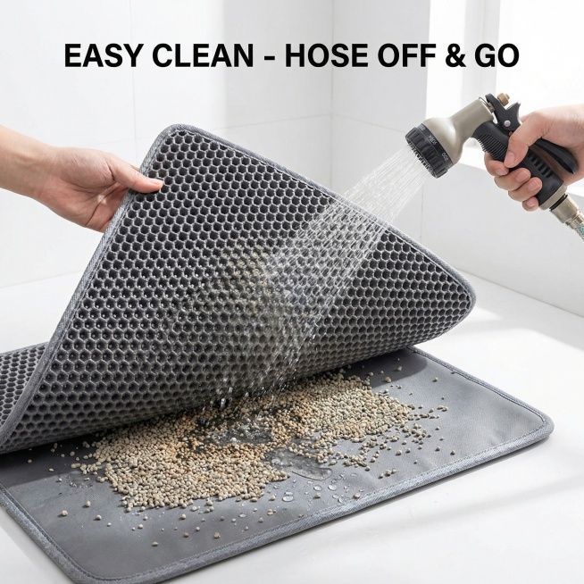欧美跨境电商风格，展示灰色镂空地垫的双层拆分结构，上层掀起后可见下层收集的猫砂，一只手拿着喷壶正在冲洗地垫，用英文文字“EASY CLEAN - HOSE OFF & GO”突出卖点，背景为极简白色卫预览效果