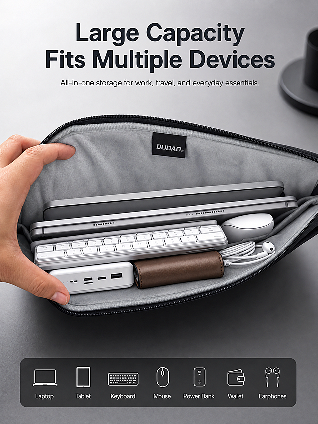 [Main Image 8] Showcase the large capacity that holds multiple devices. Display the open laptop sleeve with various items inside: laptop, tablet, bluetooth keyboard, mouse, power bank, wallet, earphones. Highlight the multi-device compatibility and large storage capacity. Keep the sleeve appearance consistent with original image. Add the text "Large Capacity Fits Multiple Devices" as the main title. All text is English. Advanced business style, clear layout, commercial photography. 3:4 ratio, 2K resolution. Negative prompt: Deformation, watermark, text confusion, blurred product image, messy background.