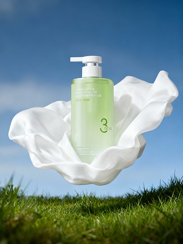 自然轻奢的商业产品摄影风格，高质感精细渲染；画面采用蓝渐变天空、绿草地与白色绸缎交织，整体为低饱和复古色调，自然雅致且层次通透；以平视中景视角、绸缎衬托的自然陈列式构图呈现，视觉重心聚焦于产品；场景包含悬浮的一块飘逸的绸缎、草地，背景为渐变的虚化天空；产品位于画面中心区域，呈垂直正立角度色绸缎包裹衬托