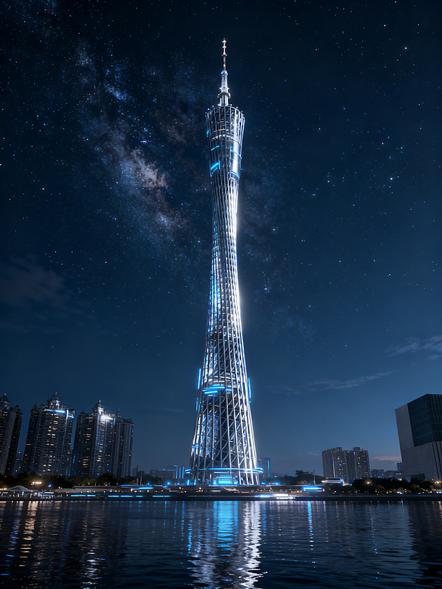 超写实CGI，广州塔小蛮腰为主体，矗立在珠江水面，科技感拉满，赛博未来风，8K超高清，电影级光影，景深效果，细节拉满，主色调为深邃星空蓝加金属银