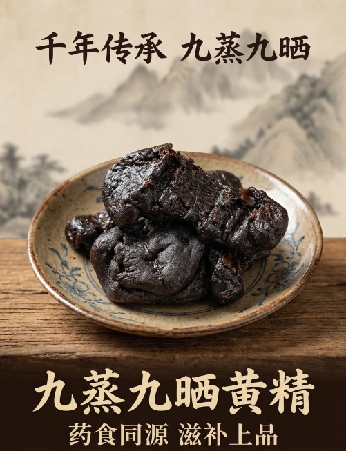 生成国风复古风格九蒸九晒黄精商品主图，主体为用户提供的饱满油亮黑润的黄精，放置在古朴瓷盘中，背景为淡墨山水，顶部标注“千年传承 九蒸九晒”，底部显眼位置标注“九蒸九晒黄精”，搭配“药食同源 滋补上品”预览效果