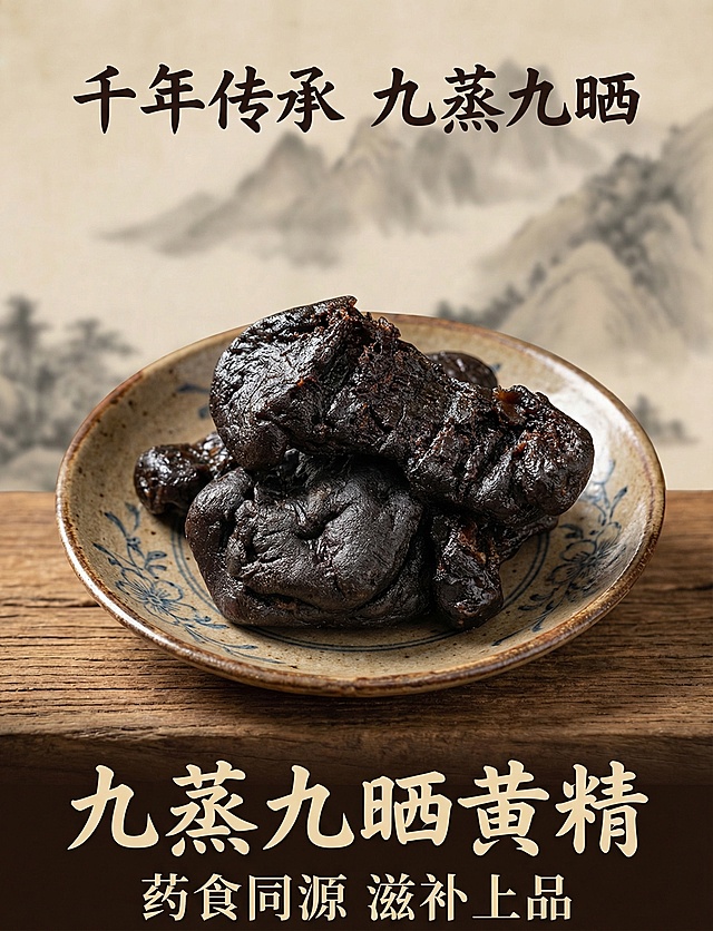 水墨风背景融合古典山水，重拟物手法呈现九蒸九晒黄精质感，国潮风字体搭配质朴陶盘，实景感十足，传递千年传承的中式滋补美学。