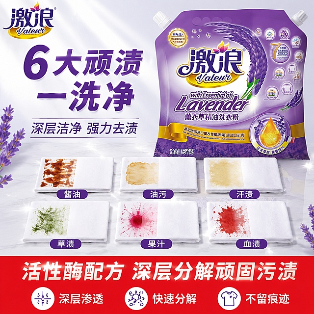 激浪薰衣草精油洗衣粉深层去渍力展示图 多种污渍一网打尽。抖音电商爆款风格 强视觉冲击 洁净对比鲜明 紫色氛围。商业摄影质感 光线通透 污渍细节清晰 画面干净高级 超高清。画面中央展示激浪薰衣草精油洗衣粉3kg袋装产品 正面展示 产品外观与输入产品图绝对一致 紫色包装袋 激浪品牌标识 薰衣草图案 杜绝变形色差。产品占比约百分之四十五。产品前方摆放着六件白色小布块 呈两排三列 每件布块上分别有不同的污渍 酱油渍 油渍 汗渍 草渍 果汁渍 血渍 布块左半部分是脏的 右半部分是洁白如新的 形成鲜明对比。背景为明亮的浅灰色背景 有细微光效。左上角激浪品牌标识。主光从上方来 均匀明亮 布块污渍细节清晰 洁白部分有光泽 产品正面受光均匀 整体通透明亮 对比强烈。主色调白色 薰衣草紫 污渍的污渍颜色做对比 底部红色通栏。正面微俯视 产品在上 六块对比布块在下 上下构图 画面满屏无边框。顶部大标题 深紫色粗体大字写6大顽渍 一洗净 不对 下方小字写深层洁净 强力去渍。每个布块下方分别标注污渍名称 酱油 油污 汗渍 草渍 果汁 血渍 白色文字配深紫色底。底部红色通栏内白色大字写活性酶配方 深层分解顽固污渍 通栏下方小字写轻松去除 不对 通栏下方三个小图标配文字 深层渗透 快速分解 不留痕迹。文字清晰可读 不遮挡产品主体。1比1比例 文字清晰锐利 超高清商业摄影质感。变形 文字错乱 产品模糊 背景杂乱 水印 电商平台标识 人物。