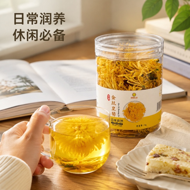 [主图-4] 金丝皇菊场景体验图，展示日常饮用场景。
[氛围风格] 生活方式代入，温馨舒适自然氛围感。
[画质] 纪实商业摄影，柔和自然，氛围温馨。
[元素] 温馨简约桌面场景，一只手正拿起泡好金丝皇预览效果