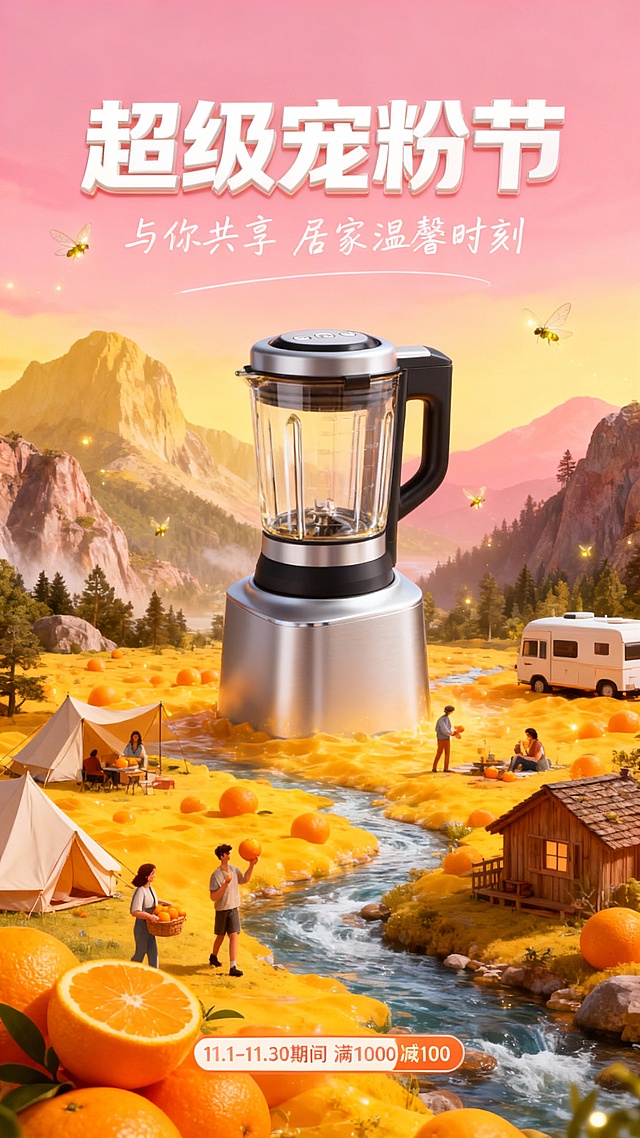 一个巨大的图中主体漂浮在暖黄色橙子海与溪流环绕的奇幻山谷中，周围有露营帐篷、房车、小木屋和人物在休闲娱乐，有人在搬运橙子，有人在吃橙子，空中飘着萤火虫，背景是粉色黄色渐变的山脉与森林，画面充满童话感与未来科技感，色彩梦幻，上方有白色主标题3D文字“超级宠粉节”，主标题下为手写白色副标题文字“与你共享 居家温馨时刻”，底部有折扣标签“11.1-11.30期间 满1000减100”，风格为超现实插画，3D渲染，细腻光影，治愈系氛围。