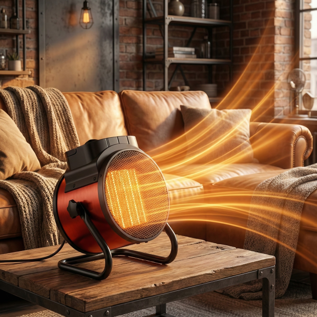 在参考图的基础，保留主体，生成一张电商产品图，体现出桌面暖风机放在客厅桌子上，有沙发，体现全屋取暖，场景温馨，产品内部加热区发光效果，线条感暖风大面积输送效果。工业风格真实8K预览效果