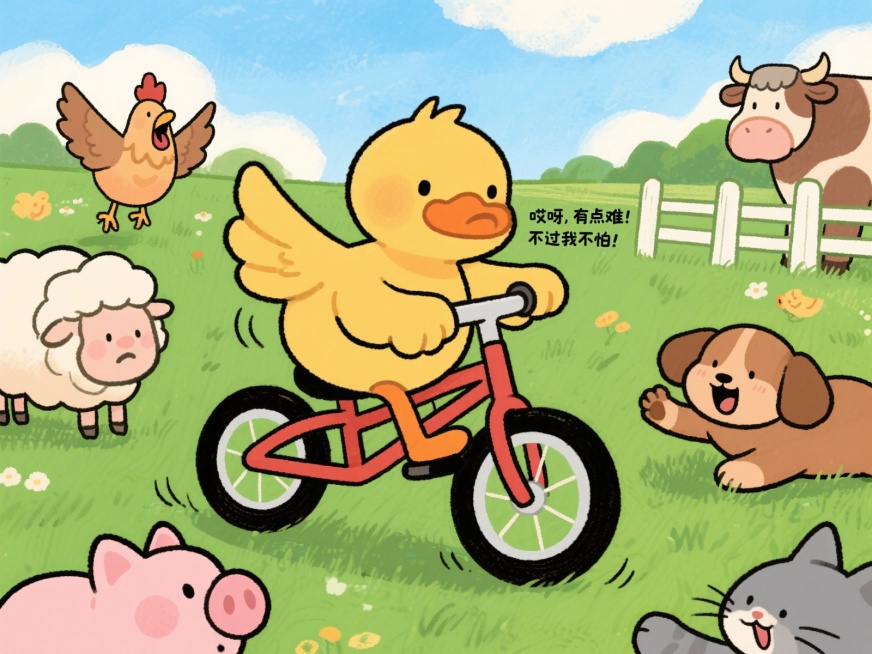 场景二：鸭子学骑车

（鸭子笨拙地爬上自行车，脚蹬了几下，差点摔倒）
鸭子（扶住车把）：哎呀，有点难！不过我不怕！
（鸭子慢慢蹬车，自行车摇摇晃晃前进）
母鸡（看到后大叫）：咯咯咯！鸭子你在干什么？太预览效果