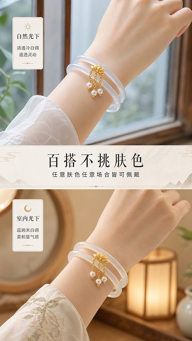 [商品] 使用【图1】冰润白玉髓成对手镯，带珍珠莲花银扣；保留双镯结构、白玉清透白色、金色莲花卡扣、珍珠流苏、圆条镯型；真实呈现不同光线下玉髓的色泽变化，不改变商品结构。
[画面] 页面目标：展示白玉在不同光线下的变化，突出百搭不挑肤色。构图：上下分栏双对比，上半部分自然光下佩戴效果（窗边柔和自然光，手镯呈现清透冷白调），下半部分室内光下佩戴效果（暖黄室内光，手镯呈现温润米白调），各占约45%画面。景别：手腕佩戴中景。阅读动线：从上至下对比观看。前中后景：前景手腕与手镯清晰，中景环境元素，背景虚化。
[视觉] 套系策略：风格=中式柔和光影·素雅国风商业摄影；标题字=雅致宋体（纤细优雅）；正文字=简洁无衬线体；主色=月白+米杏；背景延展=基于月白米杏做深浅渐变、宣纸纹理、朦胧柔光；强调色=暖金色，仅用于小面积装饰线条、图标和点缀；标题色=深墨灰；正文色=中暖灰；组件=细线分割、圆角浅底信息卡、中式小图标；光影=上冷下暖对比光，浅景深，整体色调统一柔和。
[文字] 画面中部主标题：百搭不挑肤色；主标题下方卖点文字：任意肤色任意场合皆可佩戴。文字区位于两图中间分隔带，不遮挡手镯主体；所有文字横排，字号保证手机端清晰可读。
[规格] 图片比例9:16竖版，4K分辨率，淘宝/天猫适配，中文；避免变形、错字、文字过小、手镯颜色改变、结构失真、极限词。
