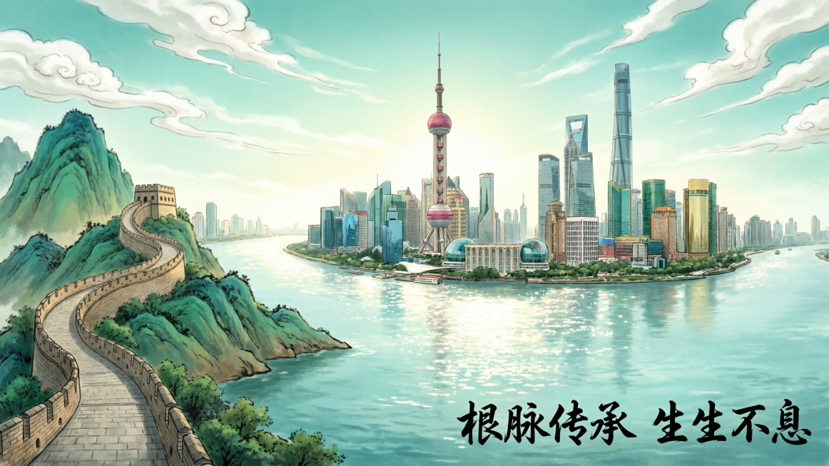 [主图 4] 16:9横版，国潮青绿国风插画，视角从黄浦江面向陆家嘴，蜿蜒长城从左侧青绿山峦一直延伸到滨江岸边，与东方明珠同框融合，江水波光粼粼，云层舒展，右下角横排文字“根脉传承 生生不息”，延续参预览效果