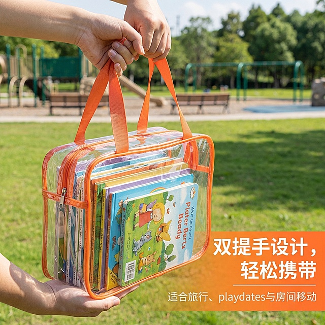 1:1竖版高清电商主图，严格还原透明PVC手提袋的双提手设计，保持橙色提手、透明袋身、拉链等所有细节；产品尺寸为11.8×8.7×3.9英寸，外观与参考图完全一致，材质质感为PVC透明高光感。画面特写手提袋被双手提起，内部装满儿童绘本，突出双提手的便携性；主标题为“双提手设计，轻松携带”（加粗无衬线字体，橙色），副标题为“适合旅行、playdates与房间移动”（白色无衬线字体），文字位于画面右侧，背景为户外公园或旅行车场景，设计感强调“便携性”，通过提手受力状态传递安全性。禁止改变提手颜色；禁止模糊提手质感；禁止遮挡提手；禁止添加无关装饰；禁止非1:1竖版比例；禁止改变拉链设计。
