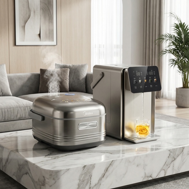 图1的产品和图2的产品放置在整洁高端客厅的大理石桌面上，产品保持不变预览效果