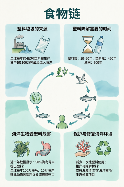 信息可视化信息图，主题名字为"食物链"，中心构图，四周分布四个板块内容：第一个板块塑料垃圾的来源，第二个板块介绍塑料降解需要的时间，第三个板块展示海洋生物因塑料垃圾带来的危害和影响，包含近十年来塑料垃预览效果