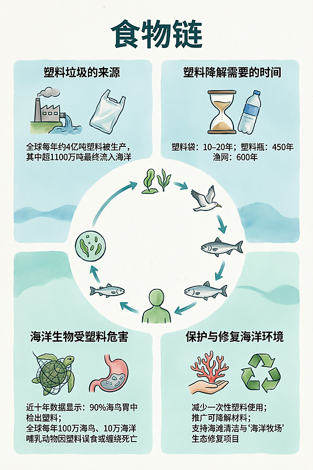 信息可视化信息图，主题名字为"食物链"，中心构图，四周分布四个板块内容：第一个板块塑料垃圾的来源，第二个板块介绍塑料降解需要的时间，第三个板块展示海洋生物因塑料垃圾带来的危害和影响，包含近十年来塑料垃圾对世界海洋影响的数据，第四个板块介绍如何保护和修复海洋环境，所有文字内容准确无误，排版清晰，环保科普扁平化设计风格
