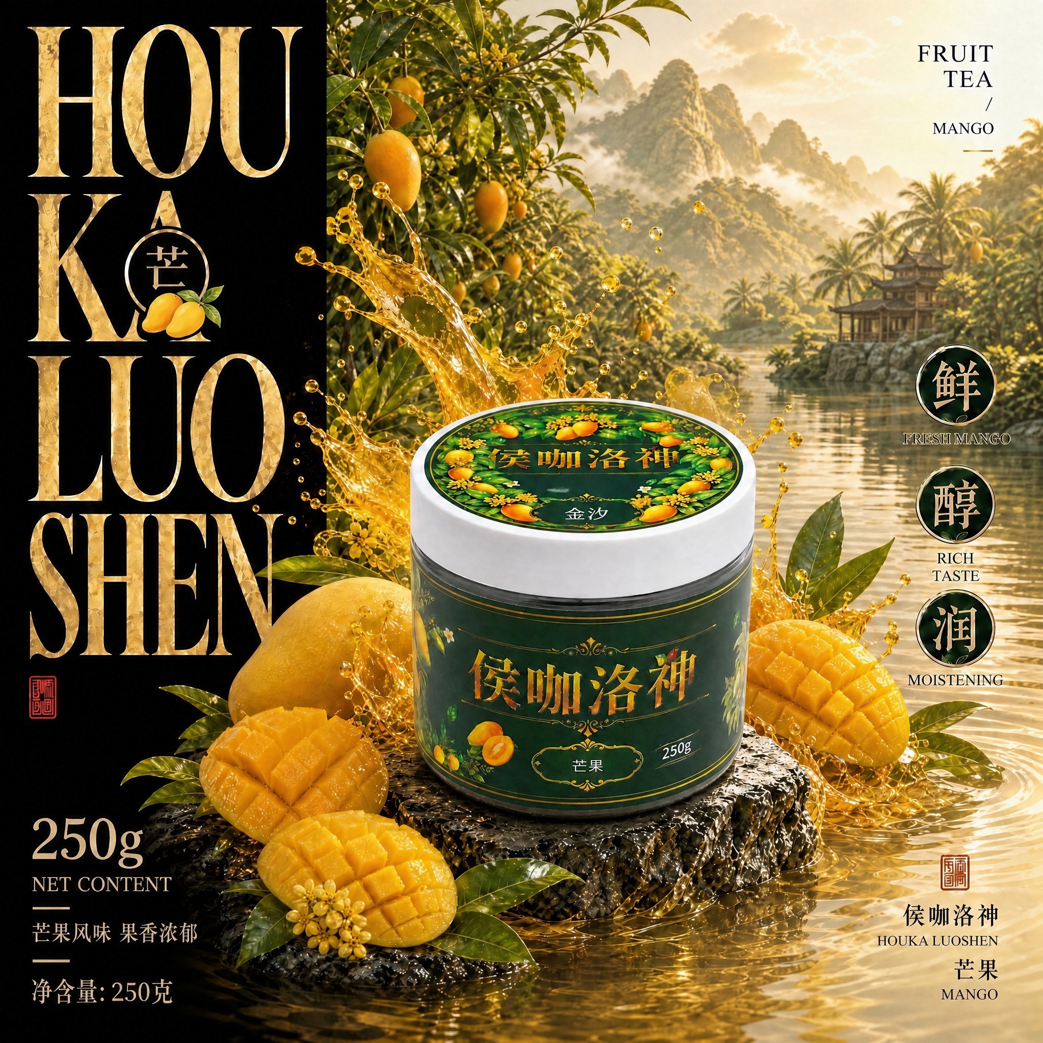 修复这张芒果口味主图，将瓶盖顶面标签中间的'金汐'两个字修正为… - 图片创意预览