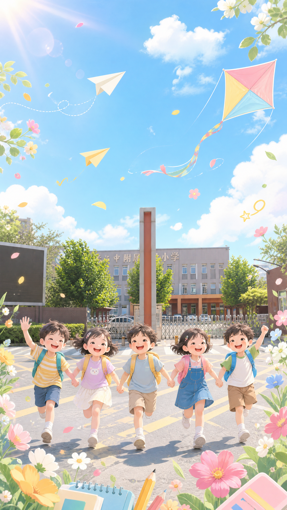 欢迎新同学小学海报，尺寸1080×1920，竖版，清新治愈的小… - 图片创意预览