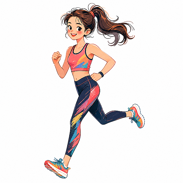 Q版手绘卡通风格年轻女性正在跑步，抽象简约风格，潮流运动穿搭，身穿运动背心和运动紧身裤，脚穿跑鞋，扎高马尾，跑步动态姿势，表情阳光活力，白色背景，人物比例协调统一，手绘卡通风格，矢量感，色彩丰富，细节丰富，明显的手绘笔触感，全身像