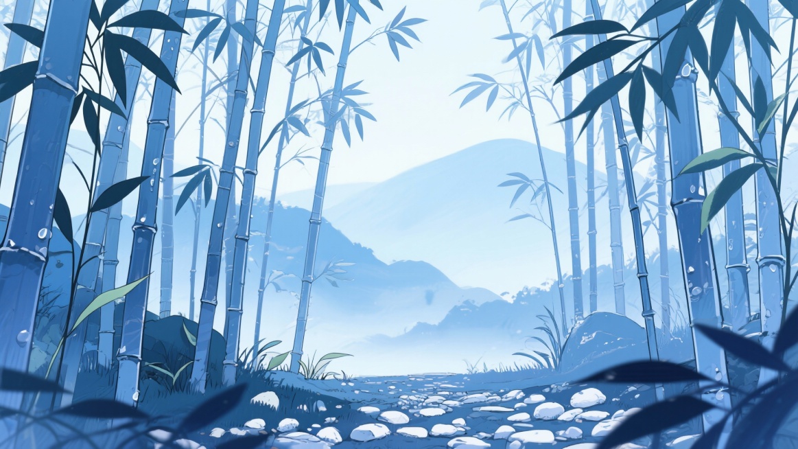 二次元古风，色调是图片中的，细节丰富，，竹子风景，浅蓝色为主，生成2张，不要人，4k，16:9预览效果