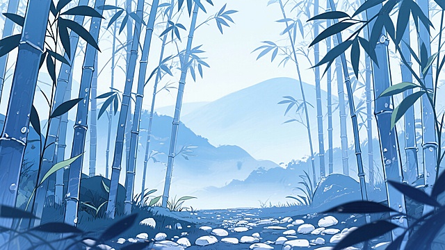 二次元古风，色调是图片中的，细节丰富，，竹子风景，浅蓝色为主，生成2张，不要人，4k，16:9