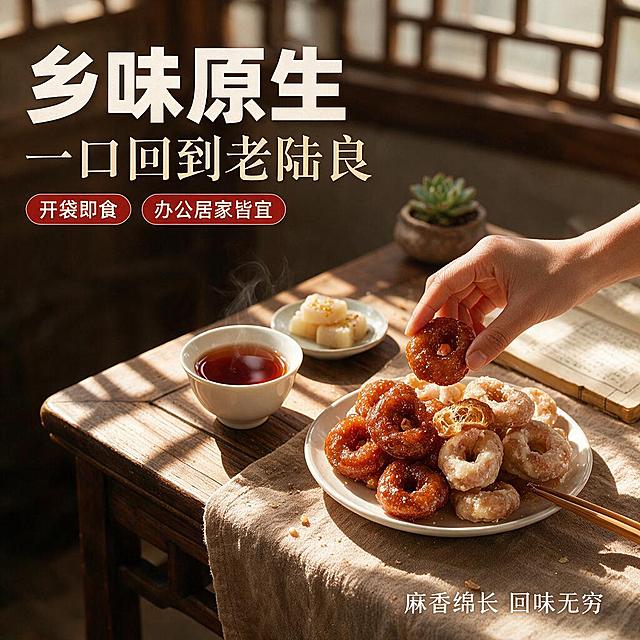 [主图4 场景与体验] 陆良麻依馓子生活方式场景图，拼多多风格，中式下午茶氛围。
[氛围风格] 温馨中式居家场景，午后暖阳，悠闲享受，真实生活感。
[画面主体] 画面右侧木桌上放着白瓷盘，盘中堆叠糖馓和水馓各几颗，有一颗被咬了一口露出酥脆内芯。旁边一杯冒着热气的普洱茶（红褐色茶汤），一双竹筷搭在盘边。一只手（亚洲女性，肤色自然）正拿起一颗馓子准备吃。商品主体占画面约50%。
[构图版式] 真实使用场景型。产品偏右下，左上文案区，生活场景自然融入。
[场景元素] 中式实木方桌，铺浅棕色棉麻桌布；背景虚化中式木格窗棂，阳光斜射进来形成窗影；桌上还有一小碟桂花糕、一本线装书、一盆小型多肉；整体营造云南古镇下午茶的悠闲氛围。
[文案版式] 左上区域主标题两行：「乡味原生」「一口回到老陆良」，第一行粗黑体大号暖白色，第二行宋体中号浅金色。主标题下方两个小标签横排：「开袋即食」「办公居家皆宜」，红底白字圆角。右下角小字「麻香绵长 回味无穷」白色细体。
[光影] 午后窗边自然光，暖金色斜射，在桌面形成窗格光影；茶汤反光透亮，馓子油亮；整体柔和温暖有生活气息。
[配色] 主色木棕、米白、茶褐；强调色朱红。字体粗黑+宋体搭配。
[输出要求] 1:1正方形，场景真实自然，产品清晰，文字不挡主体。
[负向提示词] 变形，人物畸形，水印，电商Logo，文字错乱，现代感过强，馓子变形。