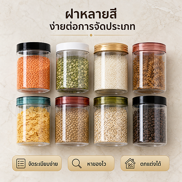 Amazon Thailand main image 6, lid color variety and organization solution. Top-down flat lay view on light beige marble surface. Multiple transparent plastic jars arranged in neat rows, each with different colored lids - black, white, gold, rose gold, teal, red, olive green. Each jar contains a different dry food visible through clear body: red lentils, green peas, white rice, brown pasta, yellow cereal, dark coffee beans. Thai title at top: 'ฝาหลายสี ง่ายต่อการจัดประเภท'. Three Thai benefit badges at bottom with rounded light gold background: 1) 'จัดระเบียบง่าย', 2) 'หาของไว', 3) 'ตกแต่งได้'. Soft natural overhead lighting, elegant organized kitchen styling. Keep jar shape and material consistent with product images. Color palette: light beige marble, various colored lids, gold accents, warm tones. Thai language only. 1:1 ratio, premium lifestyle product photography, clean and bright.