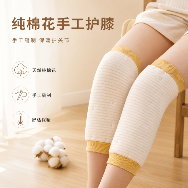[单张主图] 纯棉花手工缝制护膝，高级氛围感主图，真人模特佩戴展示，保留产品条纹款式特征。
[画面主体] 一双浅棕条纹纯棉护膝被亚洲模特佩戴在膝盖上，展示真实使用状态；保持护膝的外观颜色黄棕罗口、浅黄预览效果
