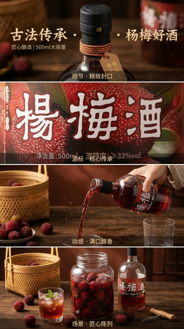 电商产品详情页，四格竖版拼图，中国红配色，复古国风风格，木质桌面背景，每格展示不同产品细节：1. 酒瓶颈部标签特写；2. 酒标细节特写，清晰展示“杨梅酒”书法字体、500ml净含量；3. 手部倒酒场景预览效果