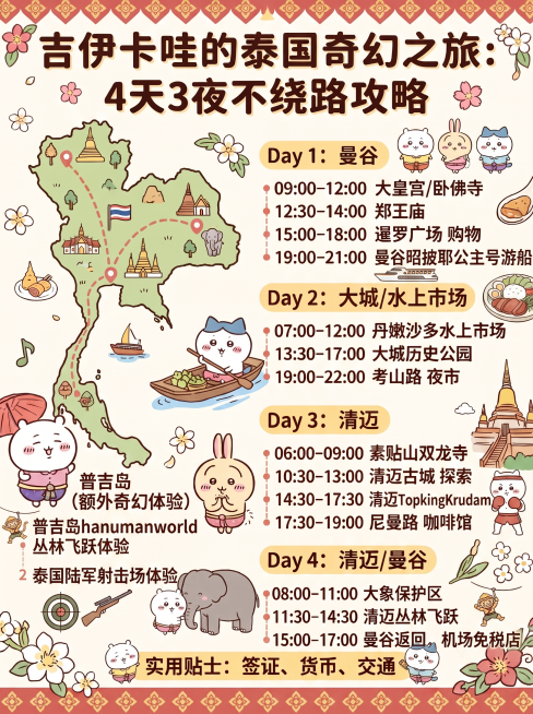 在这张泰国4日旅行路线图中添加以下项目：清迈丛林飞跃、曼谷昭披耶公主号游船、清迈TopkingKrudam拳馆泰拳课程、泰国陆军射击场体验、普吉岛hanumanworld丛林飞跃体验、曼谷小狗小猫瑜伽预览效果
