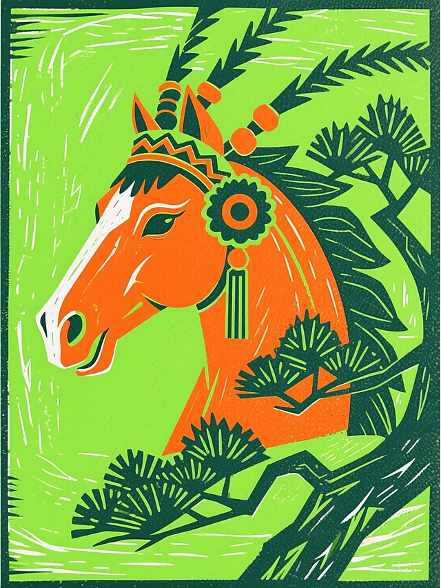 主体是带有戏曲头饰的橙色马头，搭配青松元素，以荧光绿底纹为背景基底；构图以马为视觉核心