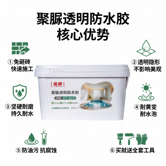[主图 20] 聚脲透明防水胶核心卖点汇总主图
[氛围风格] 简洁清晰，信息直观
[画质] 高清商业设计，干净清晰
[元素] 产品桶装居中放置，周围环绕六个核心卖点图标配文字，整体排版整齐规整，保持产预览效果