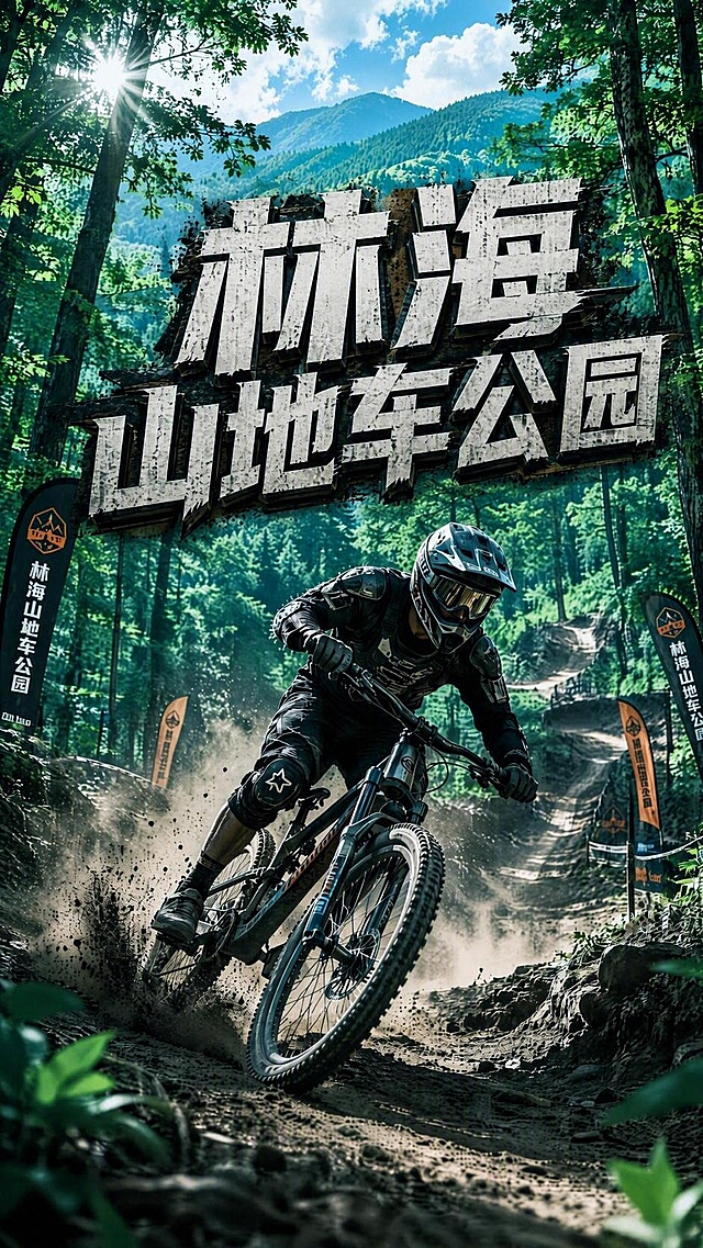 将图片整体色调调整为青绿色调，背景山林呈现清新的青绿色，天空露出更多蓝天，整体画面偏冷色调青绿风格。同时将中间的"林海山地车公园"大字标题向上移动调整位置，放在画面更靠上的区域，保持文字的粗犷立体风格，其他画面元素保持不变