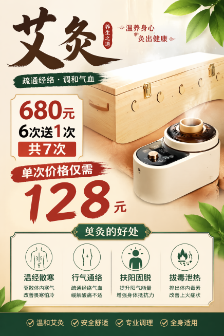 A4艾灸活动宣传图，要醒目，展示艾灸仪器，文案内容："680元6次送1次，共7次，单次价格仅需128元"，同时添加艾灸好处的介绍：温经散寒、行气通络、扶阳固脱、拔毒泄热，整体设计醒目清晰，适合宣传使用预览效果