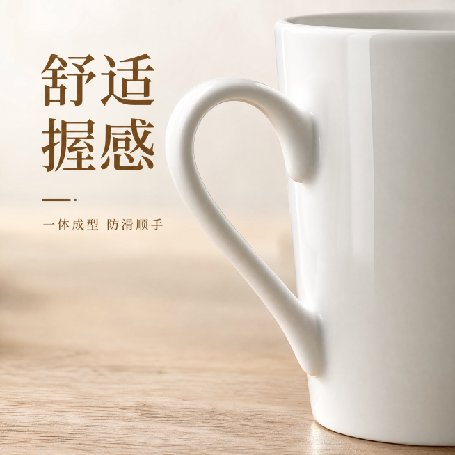 [主图-3] 纯白陶瓷马克杯把手细节。简洁品质风。商业摄影质感，光线柔和通透，产品清晰真实，画面干净高级。特写流畅弯曲把手，展示一体成型陶瓷工艺，弧度自然舒适。保持产品外观材质颜色与原图一致。主体占约预览效果