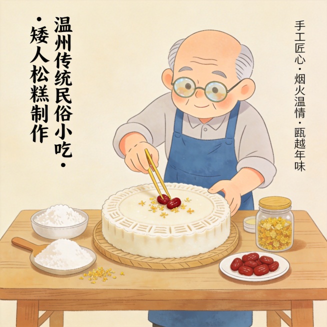 新中式素雅插画，可爱温州老匠人正在给矮人松糕用红枣桂花点缀，这是温州传统民俗小吃制作流程，突出手工匠心、烟火温情、瓯越年味，老温州味道文化传承，风格素雅简约预览效果