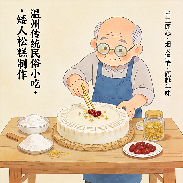 新中式素雅插画，可爱温州老匠人正在给矮人松糕用红枣桂花点缀，这是温州传统民俗小吃制作流程，突出手工匠心、烟火温情、瓯越年味，老温州味道文化传承，风格素雅简约