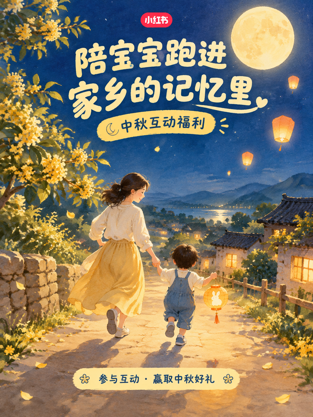 小红书中秋活动海报，手绘水彩风格，温馨治愈。画面中央一位年轻妈… - 图片创意预览