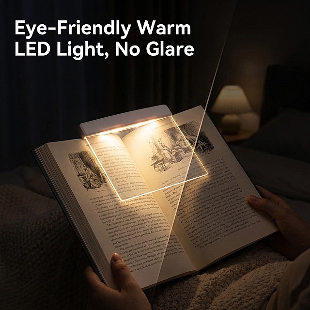This is the 2nd detail page for Amazon cross-border e-commerce. product must be exactly the same as the original transparent flat LED reading light, show the product in real using scene: the book light is clipped on the edge of an open book, the soft warm LED light illuminates the book page at night, in a dark bedroom environment, highlight the effect that it doesn't disturb others while reading at night. Prominent text in English on the top: "Eye-Friendly Warm LED Light, No Glare", font is bold sans-serif, white text, placed in upper left, do not cover the core product. Use slice effect for background layout, product remains intact, don't cut product. 800x800 size, keep product 100% same as original. high quality commercial photography.