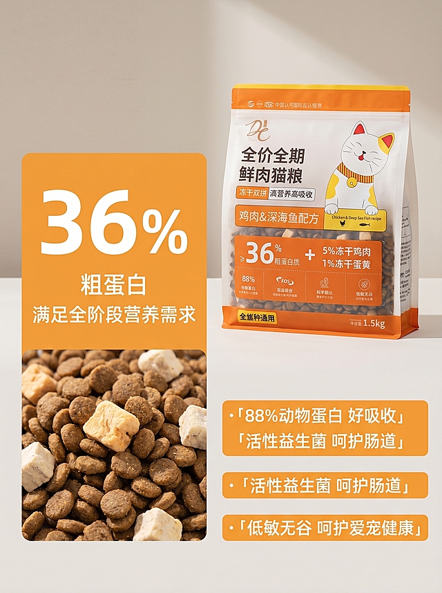 [主图 2] 帝熙猫粮核心高蛋白卖点展示，氛围风格：温馨专业，清晰通透，小红书原生质感；画质：商业摄影质感、光线柔和通透、产品清晰真实、画面干净高级；元素：猫粮包装袋产品放置在画面右上，左侧大字体突出展示36%高蛋白核心数据，下方搭配微距特写猫粮颗粒，展示冻干粉和颗粒混合纹理，保持猫粮包装外观和材质与原图完全一致，杜绝变形色差，商品主体占比约65%，画面满屏无边框；光影：暖调自然侧光，突出颗粒纹理质感，明暗层次清晰；配色：使用Warm Orange #FFB347作为数字底色，白色粗体数字，视觉冲击力强，整体背景浅暖灰色调，品牌色点缀；视角构图：左文右图经典版式，平视构图，景深适中，重点突出；文字版式：左侧大区域展示主数据，主数据 "36%" 超大加粗Warm Orange底色白字，下方小字 "粗蛋白 满足全阶段营养需求"，右侧放置产品包装，下方三行分色卖点：「88%动物蛋白 好吸收」「活性益生菌 呵护肠道」「低敏无谷 呵护爱宠健康」，分点清晰，对应品牌色，保证可读性。比例分辨率：3:4 比例，2k 分辨率；文字清晰锐利，画面超高清。负向提示词：变形，水印，文字错乱，产品图模糊，背景杂乱，绝对化违禁词。