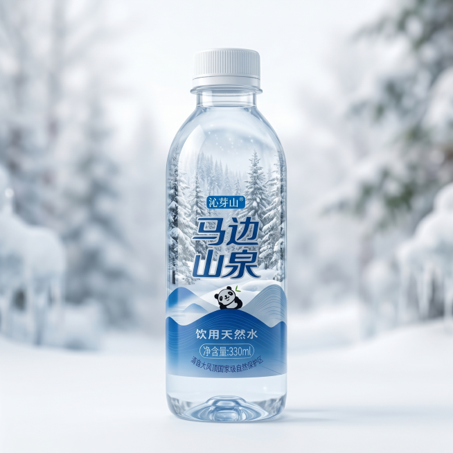 [主图 1] 展示高端马边山泉矿泉水瓶整体外观。[氛围风格] 高端自然艺术风格，冬日静谧森林氛围。[画质] 商业摄影质感、光线柔和通透、产品清晰真实、画面干净高级。[元素] 马边山泉矿泉水瓶居中展示，预览效果