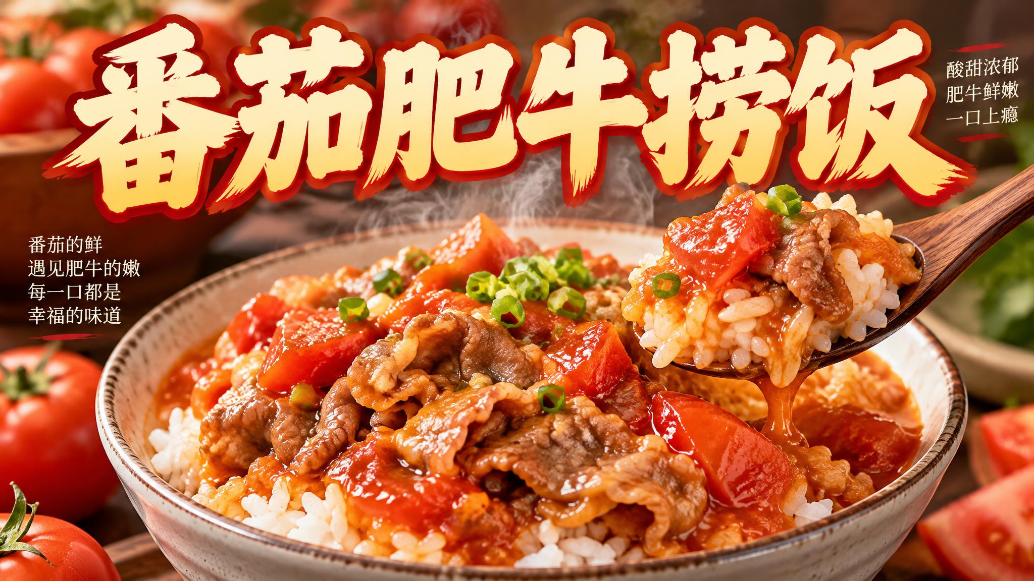 美食海报，主题是番茄肥牛捞饭，画面中央有超大醒目的文字"番茄肥… - 图片创意预览