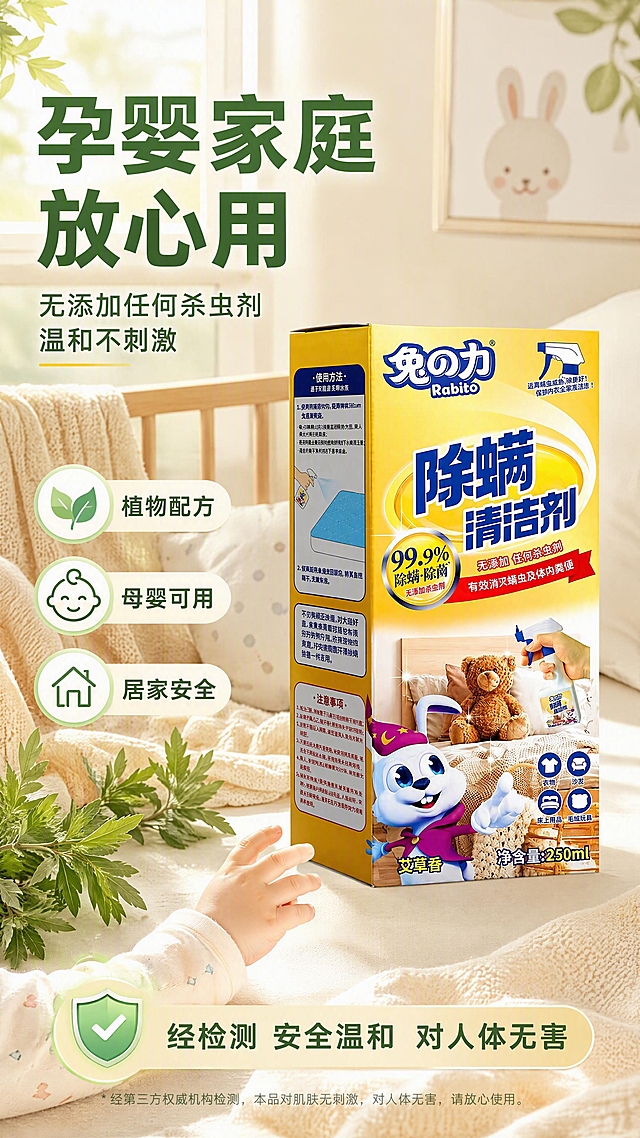 [第3张] 详情页成分安全-兔之力除螨清洁剂温和安全展示。本张使用【图1】作为商品主体，保持产品外观一致。
[氛围/风格] 温和安心风格，艾草绿+暖白主调，自然植物感，母婴友好氛围，商业摄影+插画结合。
[元素布局] 产品包装盒置于画面右侧，占比约40%，正面微侧展示；左侧及背景为温馨母婴房场景一角——婴儿床、柔软毯子、毛绒玩具，柔和自然光从窗户洒入；前景有新鲜艾草叶片、盾牌安全图标、婴儿小手剪影（柔和不突兀）；画面整体温暖柔软，传递安全放心感。
[光影质感] 左侧窗户柔光为主光源，暖黄色调，产品正面补光清晰，整体光影柔和，阴影边缘虚化，营造温馨安心氛围。
[配色色系] 全局底色 #F5FAF0（暖白绿渐变）；主色艾草绿 #6BC47A；辅助色金黄 #FFC94D、柔粉 #FFD6D6、米白。
[视角构图] 左场景右产品构图，阅读动线左上安全标题 → 中部场景+产品 → 底部安全承诺。
[文字版式] 左上主标题「孕婴家庭 放心用」绿色粗黑体；副标题「无添加任何杀虫剂 温和不刺激」；产品左侧三个安全标识竖排：「🌿 植物配方」「👶 母婴可用」「🏠 居家安全」，每项配图标+文字；底部信息条：「经检测 安全温和 对人体无害」，配盾牌图标。
[比例分辨率] 9:16 竖版比例，4K 分辨率，文字清晰可辨，高清画质。
[负向提示词] 产品变形，文字错乱，真实婴儿人脸出现，水印，颜色偏差，背景杂乱，螨虫画面。