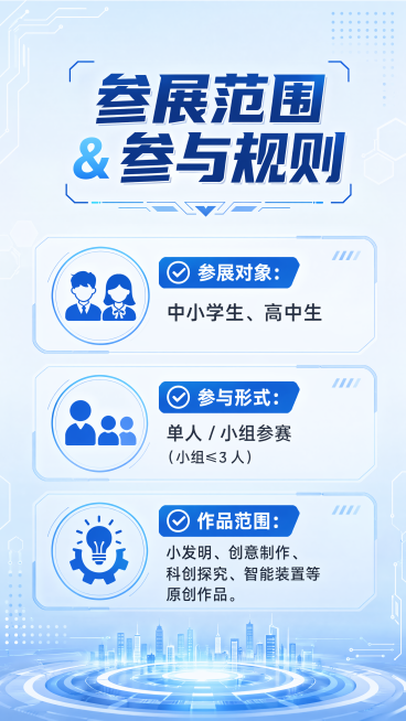 设计一张适配微信视频号的9:16竖版海报，风格保持和前两张一致，为专业简约科技风，整体构图精美清晰，视觉风格统一。主标题文字："参展范围 & 参与规则"，正文内容图标化展示：✅ 参展对象：中小学生、高预览效果