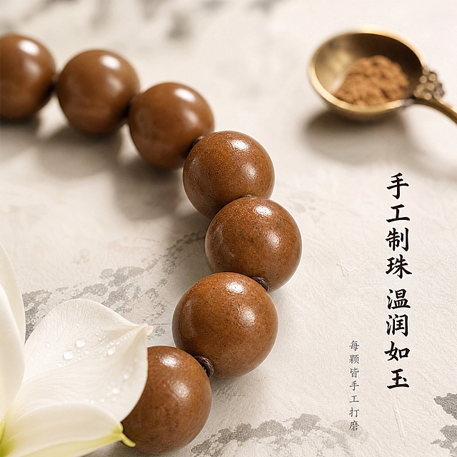 [主图-3] 细节与工艺展示，药香珠手串微距细节，突出手工制珠工艺与珠子质感。
[统一基调] 高级国风中式素雅风格，干净极简白色背景，柔和自然光，浅景深，8K高清商业静物摄影，细节细腻，柔和阴影，画面留白充足，无多余杂物。
[画面] 微距特写视角，画面主体是图中同款药香珠手串的局部，约5-6颗棕褐色圆珠占据画面中央，珠子大小均匀，表面温润光滑，有细微的天然材质纹理和手工打磨痕迹，珠子之间的串线隐约可见。手串放置在一张带有淡淡水墨纹理的米白色宣纸上，宣纸纹理清晰。画面左下角有一片新鲜的栀子花瓣作为点缀，花瓣上有细微的水珠。画面右上角有一个古铜色的小香勺，勺中盛有少量香粉，作为工艺元素点缀。浅景深效果使焦点集中在中间的两颗珠子上，前后珠子轻微虚化。
[光影质感] 柔和侧光从左侧照射，珠子表面形成优美的高光弧线，珠子下方有柔和的接触阴影，质感温润如玉，体现手工打磨的细腻工艺，微距细节清晰，材质纹理丰富。
[配色] 白色背景，棕褐色珠子主体，米白色宣纸，栀子花瓣的奶白色，古铜色香勺，整体色调温暖素雅，高级感十足。
[文字版式] 画面右侧竖排放置「手工制珠 温润如玉」，字体为书法体，深棕色，字号适中。下方更小的字「每颗皆手工打磨」，浅灰色。文字位于右侧留白区域，不遮挡珠子主体。
[输出要求] 1:1正方形比例，2048*2048像素，8K高清微距，珠子细节纹理清晰，质感真实。负向：珠子变形、裂纹、划痕、灰尘、模糊、水印、平台Logo、文字遮挡主体、色彩偏差。