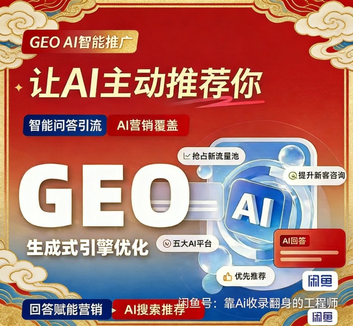 将这张GEO AI智能推广宣传海报改为国潮中国风风格，保留所有文字内容和排版结构，更换整体视觉风格为传统国潮配色和祥云纹样预览效果