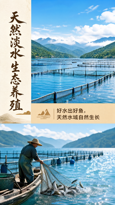 [第2屏] 产地展示屏-天然淡水养殖产地环境。
[氛围/风格] 清新自然生态风，明亮通透，蓝天白云，清澈湖水，展示优质养殖环境。
[元素布局] 画面上半部分展示开阔蓝色淡水养殖渔场，渔网围栏清晰，远山预览效果