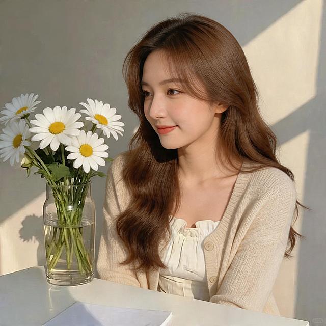 参考提供图片的温柔清新风格，生成另一张全新不同长发美女的正方形头像，高清晰，精致五官，自然氛围感，暖调光影，人物和参考图中的人完全不同